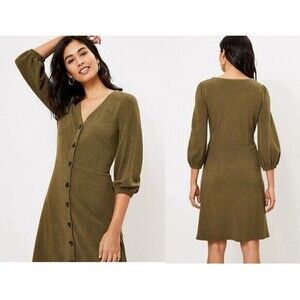 LOFT Heavy Knit Sweater Dress Women Sz XL Olive Green A-Line 3/4 Sleeves V-Neck